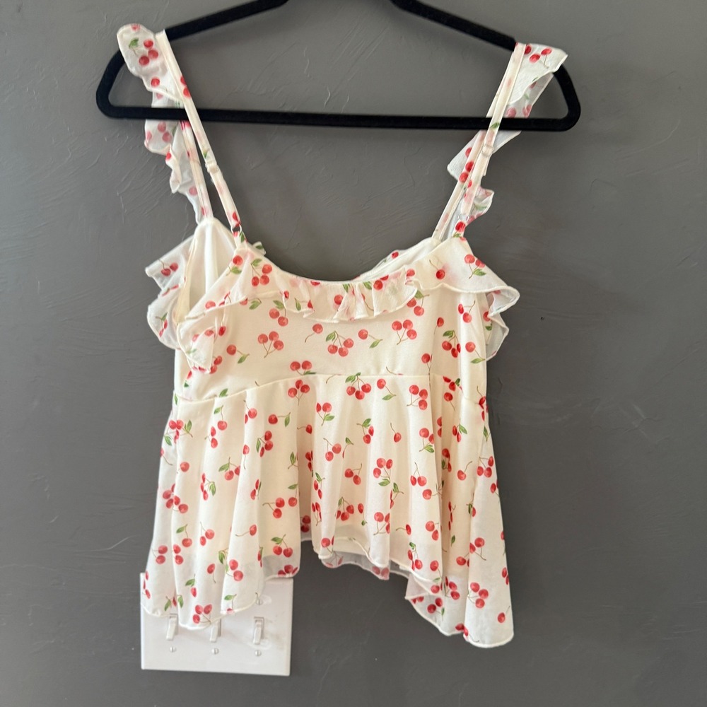 Wild Fable White Cherry Print Ruffle Camisole Top Sm Tie Front Babydoll Coquette - Picture 5 of 7